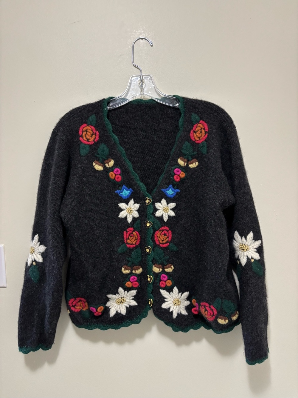 Vintage Austrian Alpine Edelweiss Floral Embroidered Wool Cardigan